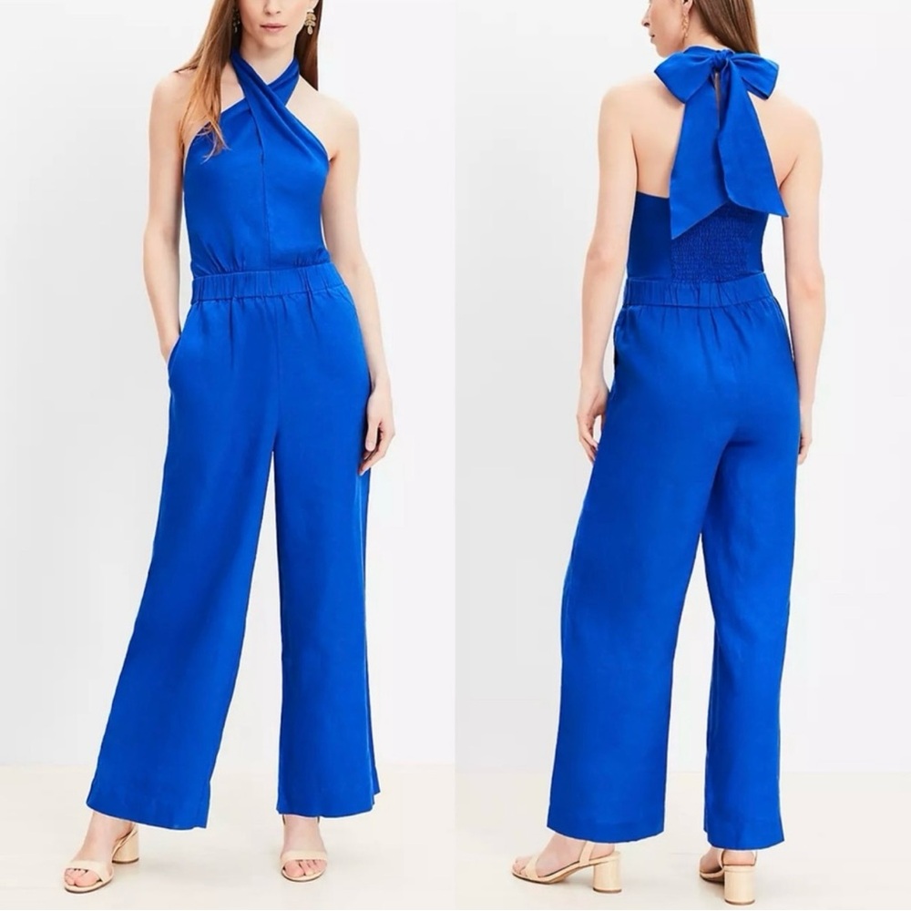 Loft Beach Linen Halter Neck Wide Leg Jumpsuit in Cobalt Blue